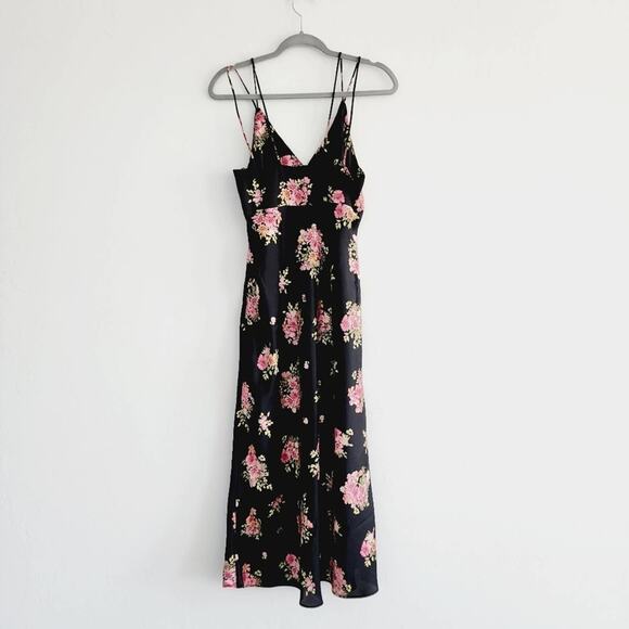 Zara Black Floral Satin Effect Midi / Maxi Slip Dress Spaghetti Straps Large - Picture 4 of 11